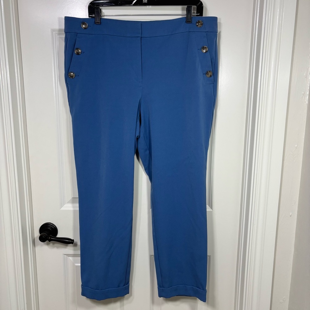 Loft Slim Sailor Pants Women's 14 Blue Button Detail Pleated Cuffed Career Work